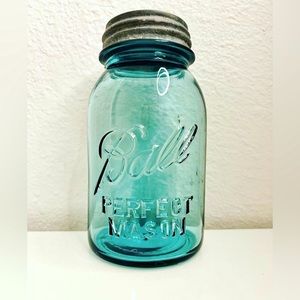 Antique Blue Ball Mason Jar Made Btwn 1913 & 1922 Original Porcelain Lined Lid